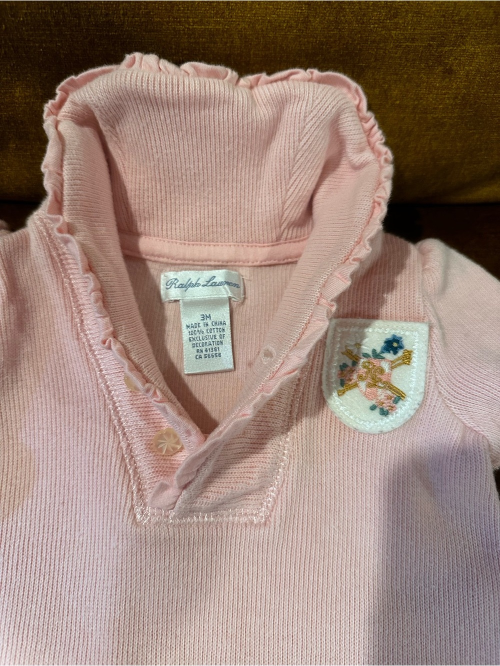 Ralph Lauren Pink Ruffle Collar Polo with Embroidered Crest Patch